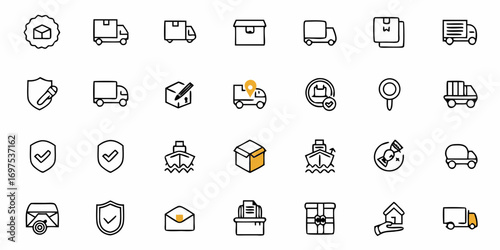 Collection of delivery and shipping icons depicting trucks boxes and security measures in a line art style