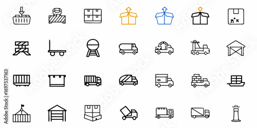 Illustration of various logistics and transportation icons including trucks boxes and warehouse facilities