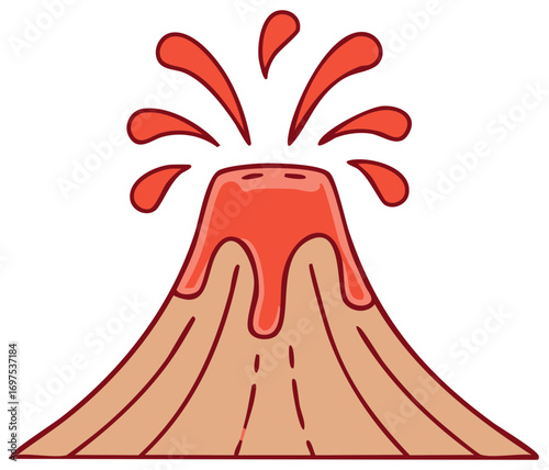 Cartoon illustration of an erupting volcano with hot red lava splashing from the crater and flowing down