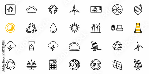Collection of renewable energy and sustainability icons including solar wind and recycling symbols set on white