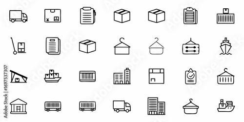 Illustration showing logistics and shipping icons including trucks boxes and ships in black outline style