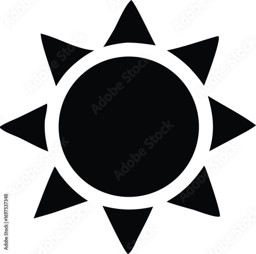 Simple black and white sun icon symbol representing daylight warmth energy celestial body solar power natural light brightness star