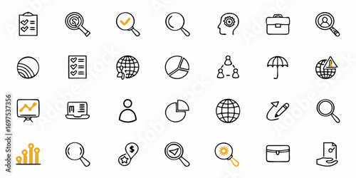 Collection of business and data analysis icons including charts, graphs, and search tools in black outline