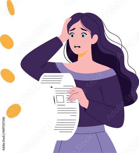 Worried woman stressed about expenses and falling coins, feeling financial anxiety