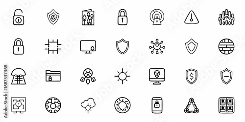 Collection of cybersecurity and technology icons featuring locks shields and various digital representations