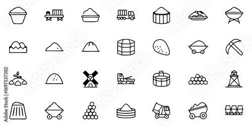 Illustration of various mining related icons including piles of dirt trucks and mining equipment in black line