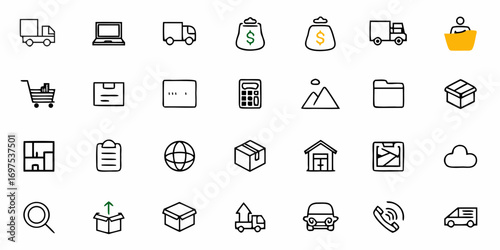 Collection of various line art icons including delivery trucks, money bags, and office supplies arranged