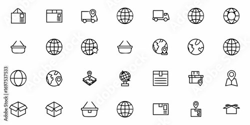 Collection of delivery and global business icons including packages, trucks, globes and shopping baskets
