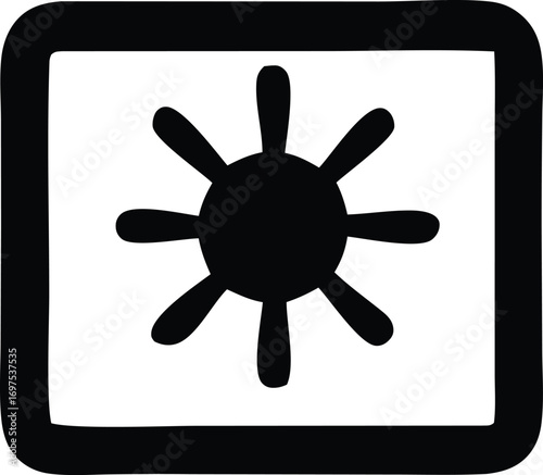Simple black sun icon inside a square frame abstract representation celestial body graphic element artistic symbol