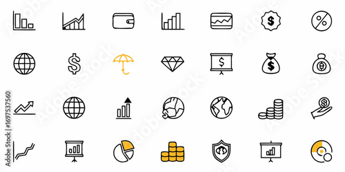 Collection of financial icons including graphs, money, and global economics in a clean line art style