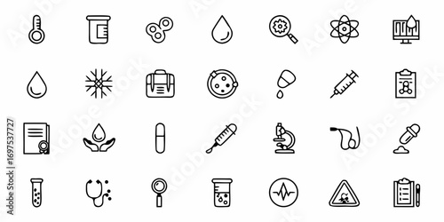 Collection of medical and scientific icons including lab equipment and health symbols in black outline style