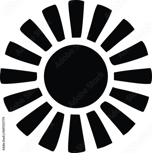 Bold black sun symbol with radiating light rays iconic celestial body simple graphic representation abstract solar emblem