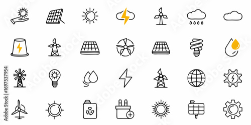 Collection of energy and environment related icons including solar panels wind turbines and power sources icons