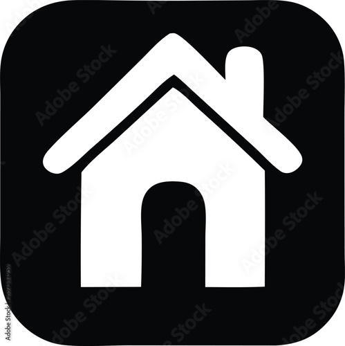 Simple white house icon silhouette on black square background for web and app design applications