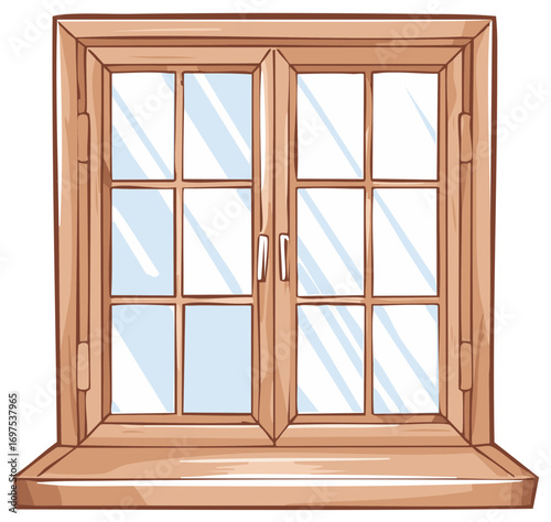 Classic wooden casement window illustration with glass panes and a sill
