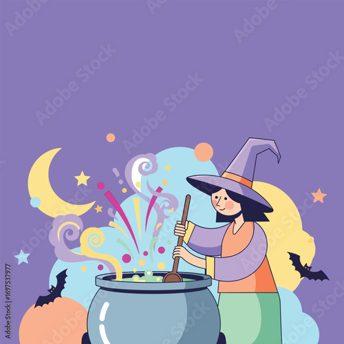 Smiling witch stirs bubbling cauldron under crescent moon on halloween night, creating magical potion with spooky atmosphere.