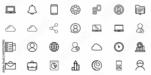 Line art illustration of various recycling symbols and box icons arranged in a grid pattern design element