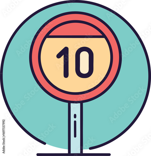 Stylized speed limit sign with the number ten on a teal background