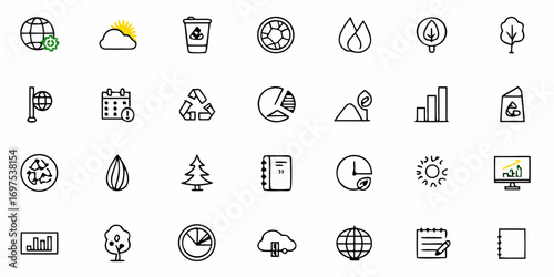 Illustration of various ecology and environment related icons including recycle and nature symbols shown here