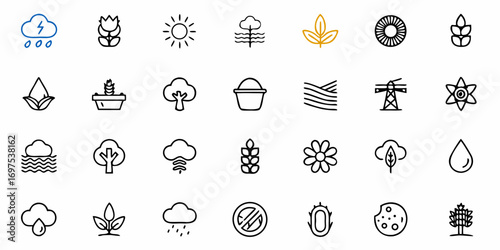Collection of nature and agriculture themed line icons including weather plants and farming symbols set on white