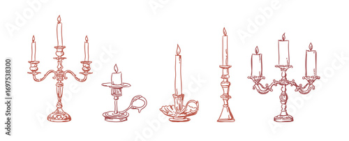 Antique candlestick hand drawn vector set, Vintage candle holder, Candle on candlestick, illustrated vintage line art style 