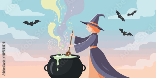 Witch stirring potion in cauldron under bats flying in the sky at dusk, creating a spooky and magical atmosphere.