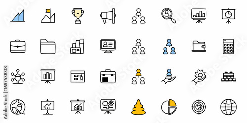 Collection of business and management icons representing various aspects of corporate activities and strategies
