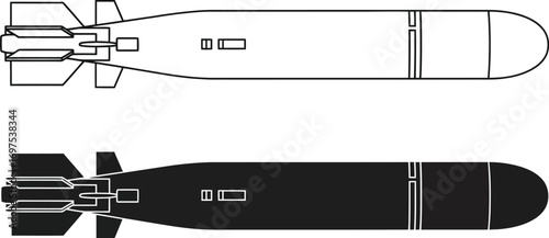 Detailed illustration of a torpedo in outline and silhouette views