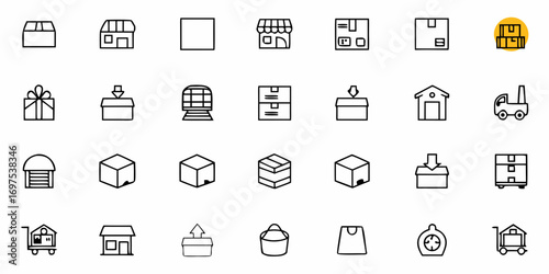 Outline icons depicting various shipping and delivery related objects and structures in a grid format