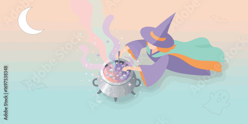Witch stirring a bubbling cauldron under the moonlight, creating a magical potion with pastel colors and a whimsical, dreamy feel.