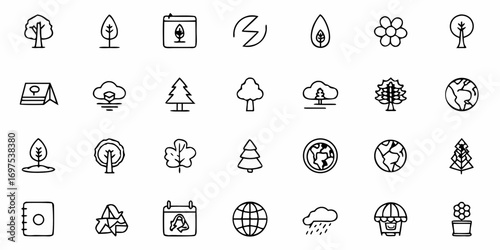 Illustration of various environmental and nature related icons including trees, earth, recycling and weather