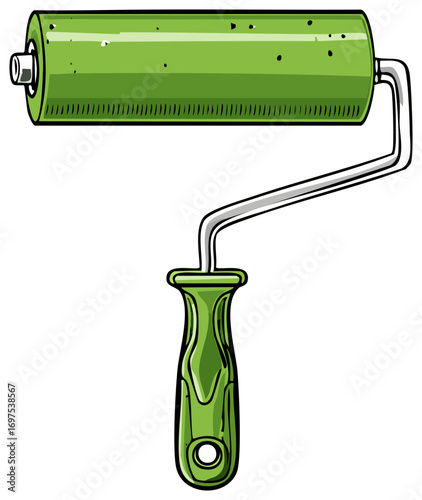 Vivid Green Paint Roller Illustration Renovation Tool with Metallic Handle for Home Decorating or Construction Projects