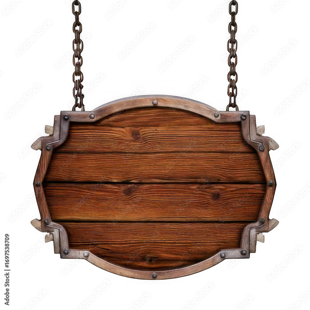 Naklejka premium Medieval wooden sign hanging on chains isolated on transparent or white background.