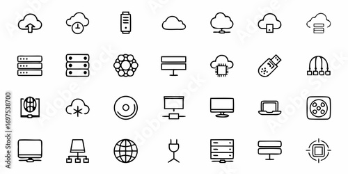 Collection of outline icons representing cloud computing and related technology concepts set on white background