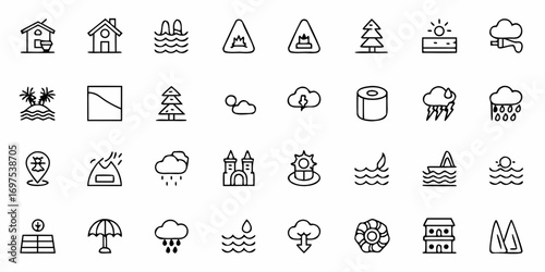 Collection of network and cloud computing icons featuring server cloud upload download and security elements