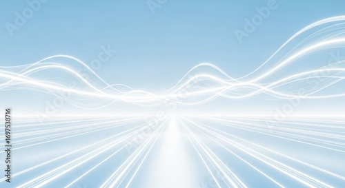 Modern Data Highway With Glowing Lines Under Dreamy Blue Sky Backdrop