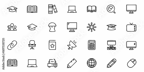 A collection of educational and office related icons including books computers and graduation caps in black outline