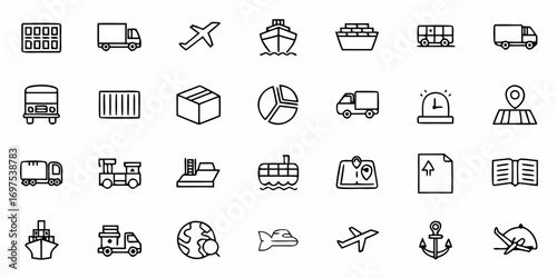 A collection of transportation and logistics icons including trucks ships and airplanes in black outline