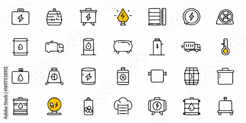 Illustration of various energy and industrial icons including tanks, barrels, and electrical symbols drawn line art