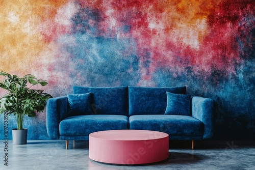 Blue sofa and round pink coffee table against multicolored stucco wall with copy space. Colorful, playful pop art style home interior design of modern living room, Generative AI
