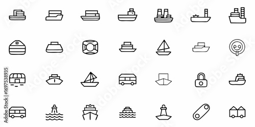 Collection of various transportation and maritime icons including ships boats and other related elements