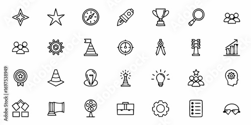 Collection of business and strategy icons including leadership and growth elements in simple line art style