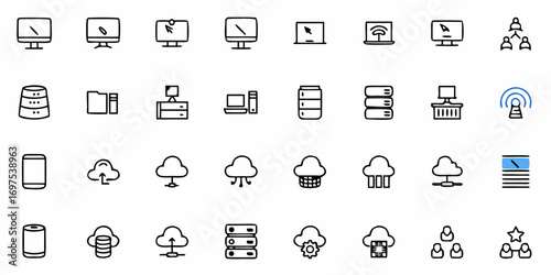 Collection of network and cloud computing icons featuring computers servers and cloud representations