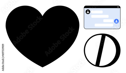 Black heart, chat box with messages, and prohibition icon convey love, interaction, restriction, and online communication. Ideal for relationships, social media, messaging dating apps emotional