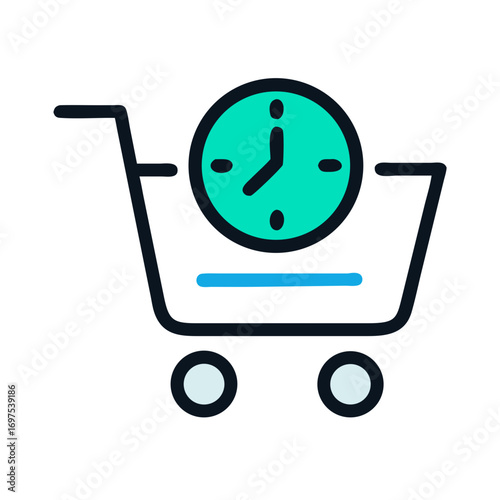 Shopping cart and clock vector icon for time management