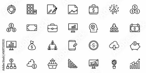 Collection of business icons featuring charts, graphs, rockets, and financial symbols in a simple style