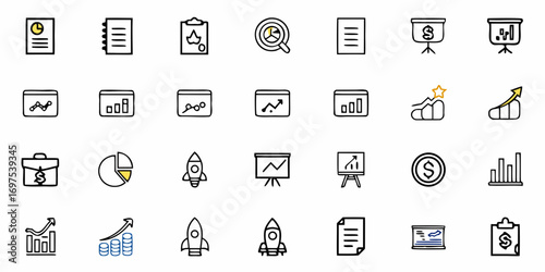 Collection of business and finance related outline icons representing various concepts and elements