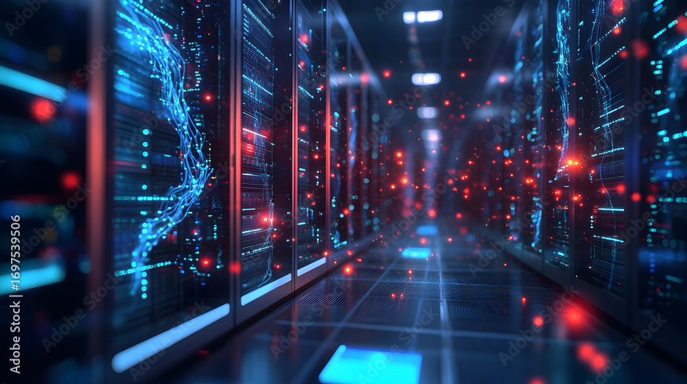 Fototapeta premium A server room with rows of servers displaying digital data and glowing lights in a dark environment