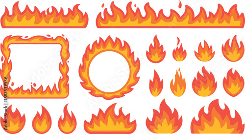 A versatile collection of hand-drawn fire frames, borders, and flames in various styles offers dynamic cartoon elements for emphasizing text, creating striking backgrounds, and themed graphics