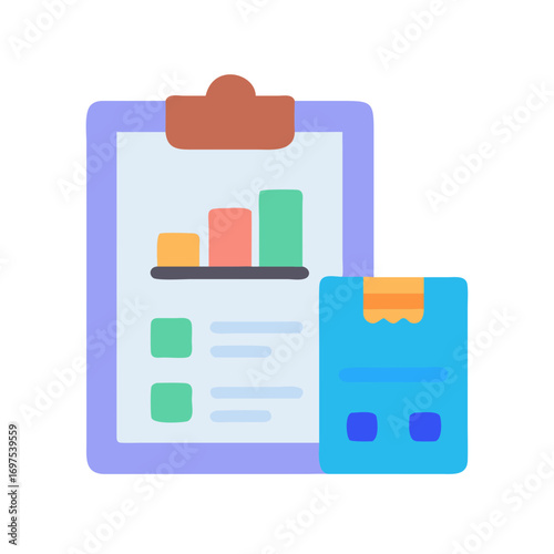 Clipboard with a chart next to a package flat